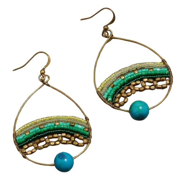 Handmade Teardrop Earrings – Green & Gold Beaded Design - Picture 1 of 2
